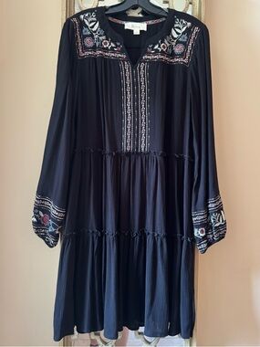 Nurture Black Boho Embroidered Peasant Dress - Tiered Long Sleeve - Size L
